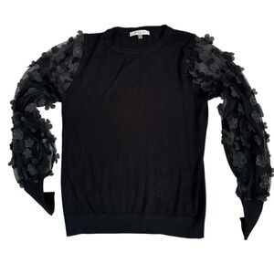 Gianni Milano Black knit sweater Sheer flower Balloon sleeve Sz Small Navy